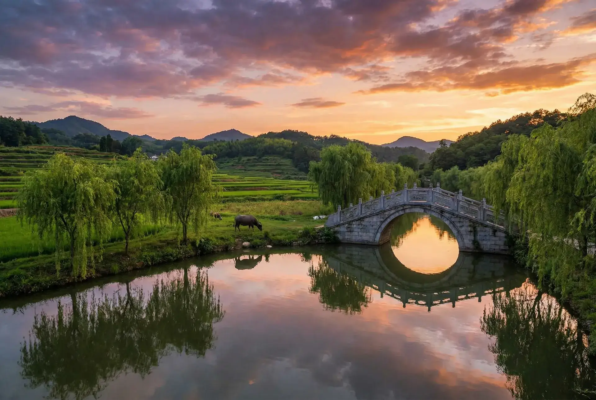 夕阳下的石拱桥与垂柳，水牛在河边吃草 - 高H粗口调教羞辱SM文女王动画 乡村美景